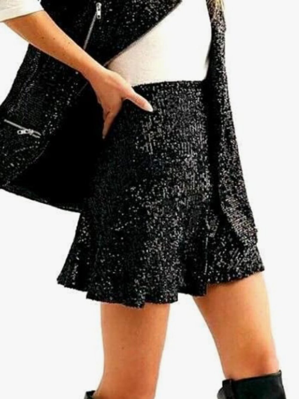 NWT Free People Black Sequin Trumpet Mini Skirt Size Small S Stretch